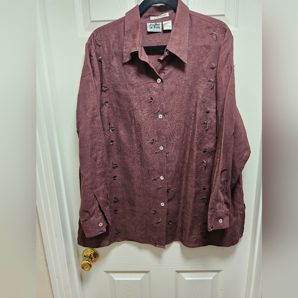Edward Woman 100% Irish Linen Embroidered Brown Blouse Button Front Size 2XL